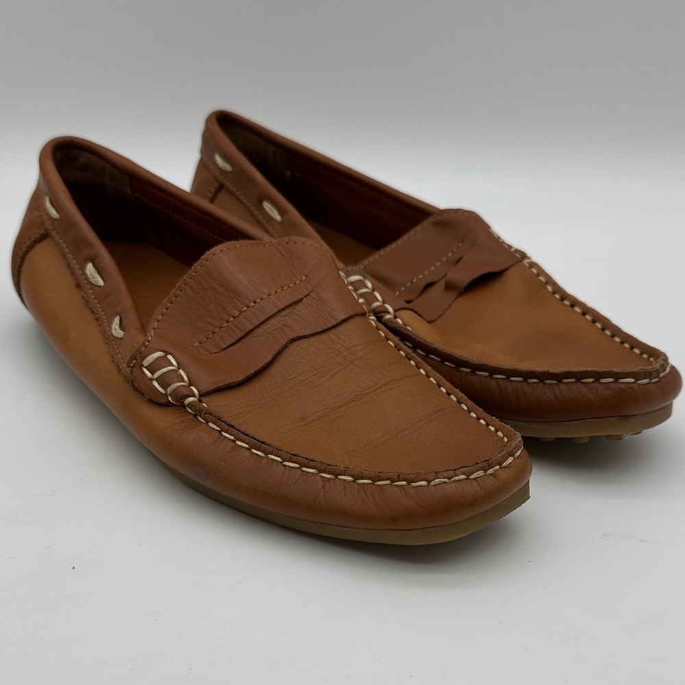 Tan Leather Penny Loafer Driving Moccasins with Contrast Stitching